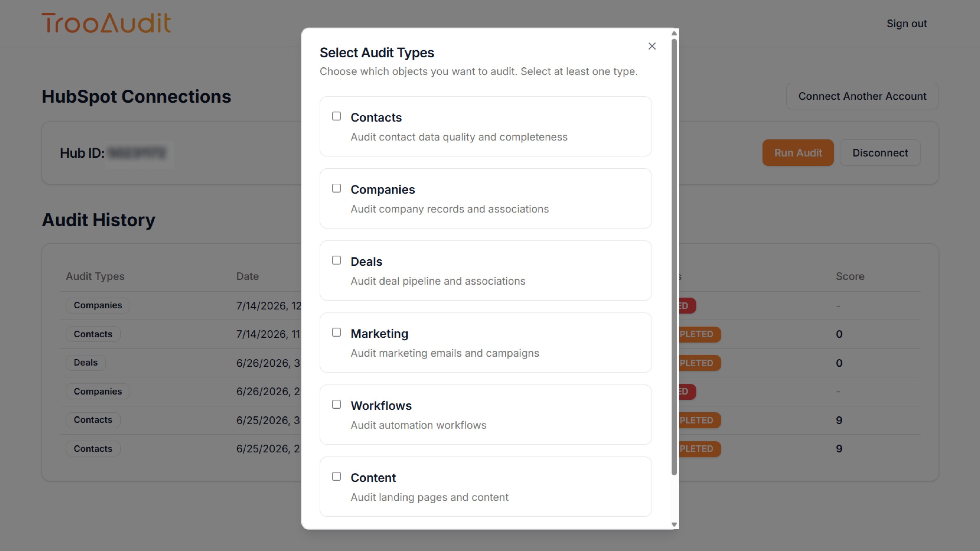 Audit setup screen in TRoo Audit with all seven HubSpot audit areas selected.