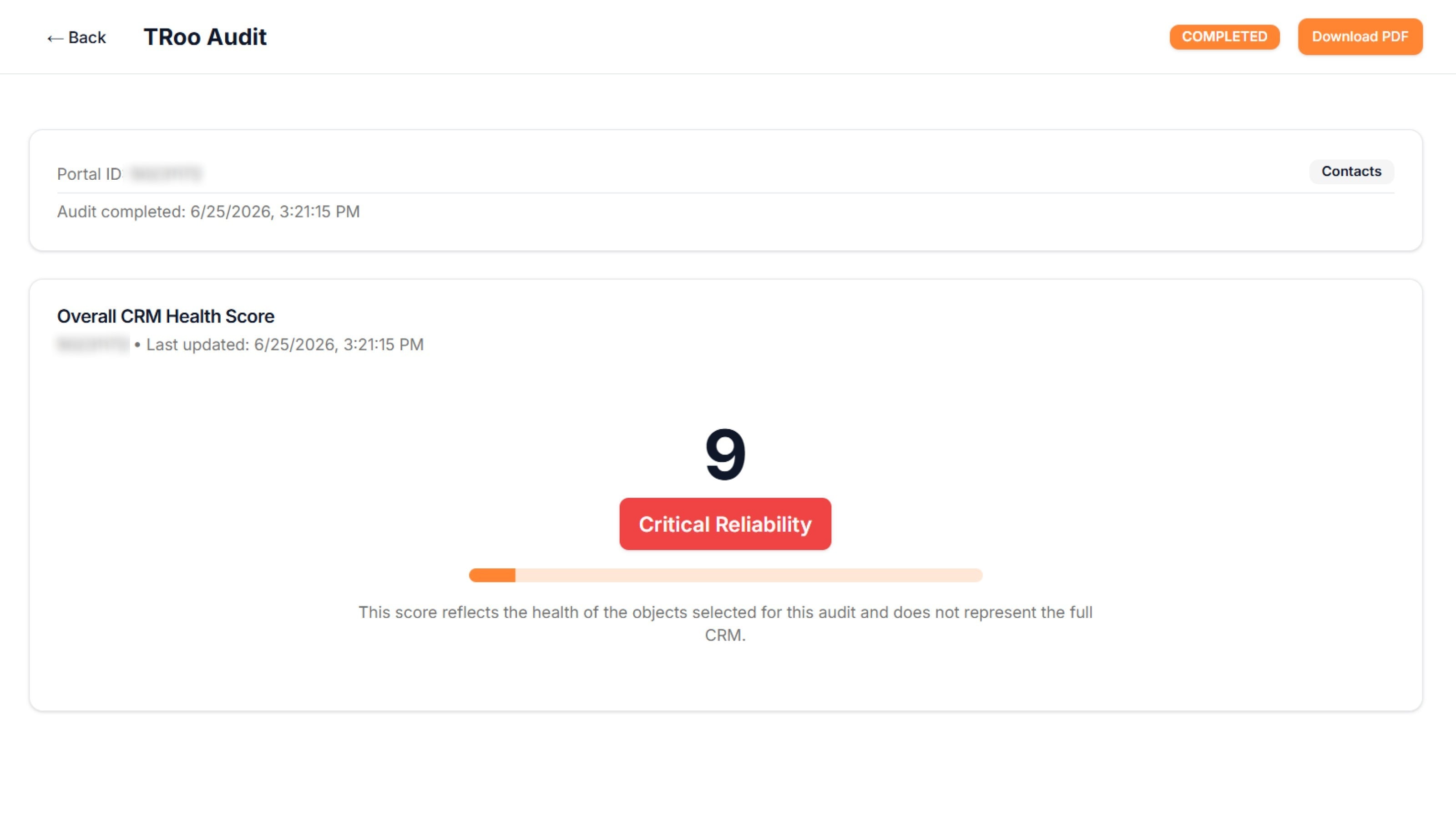 Generated PDF audit report showing scored sections and recommendations